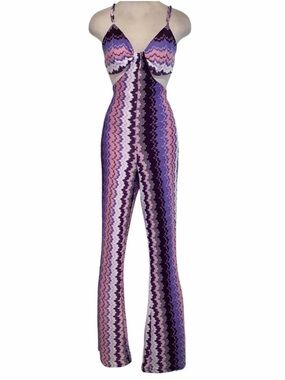 L.I.F.E Purple Zigzag Boho Festival Cutout Knit Jumpsuit Sz L